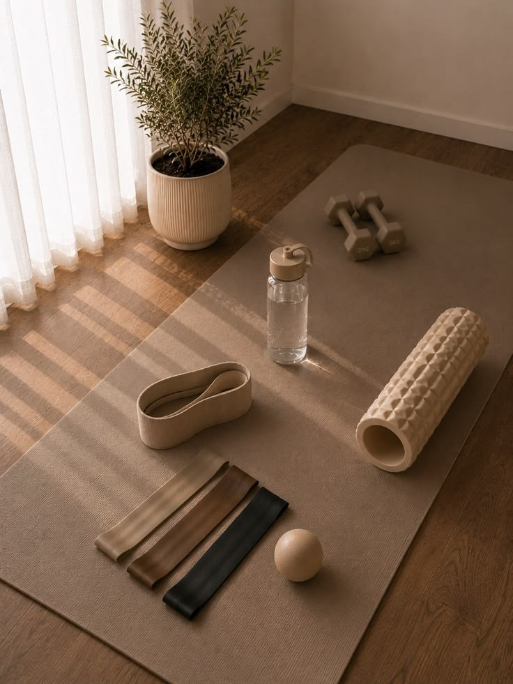 Dumbbells, resistance bands, a foam roller, and a water bottle on a mat in a sunlit home